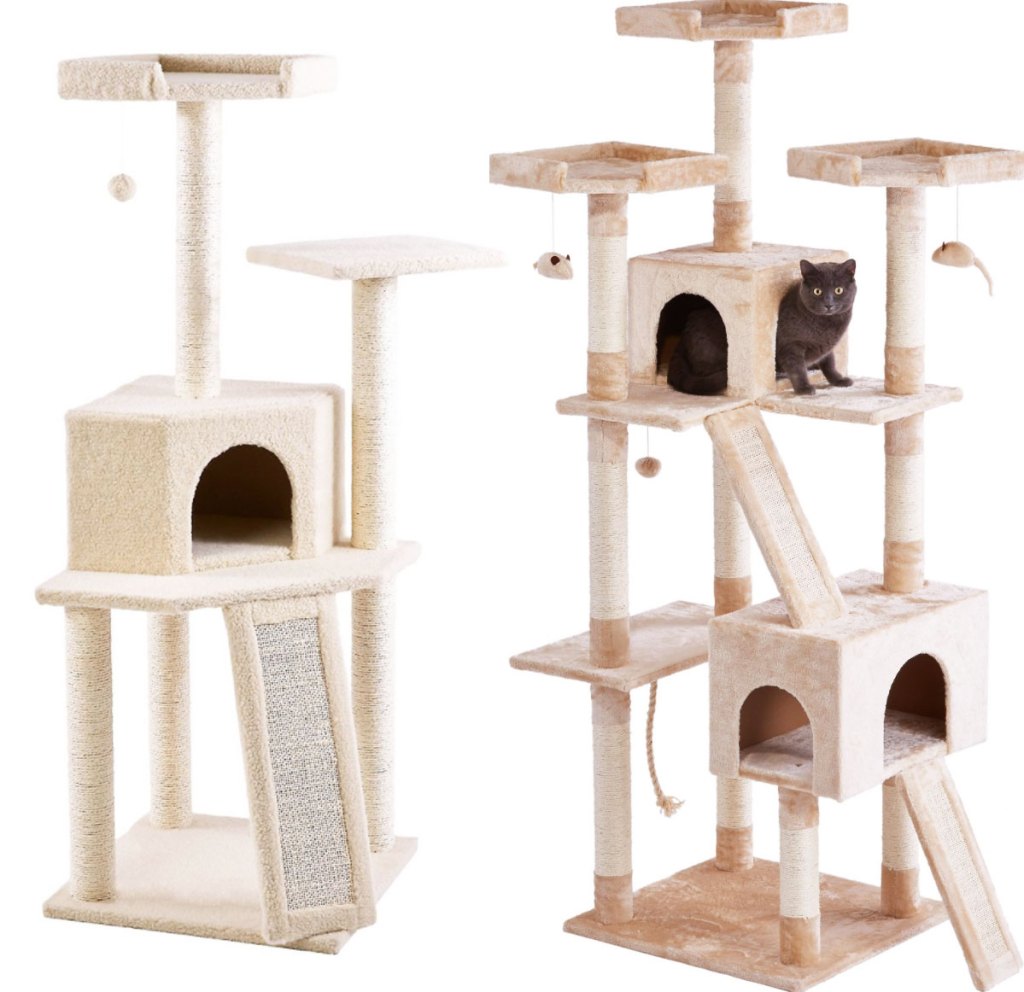 two cream colored cat trees with condos and scratching posts