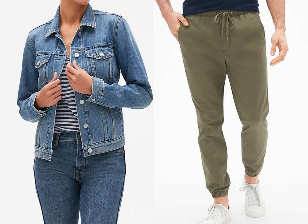 woman modeling denim jacket and man modeling olive green jogger pants