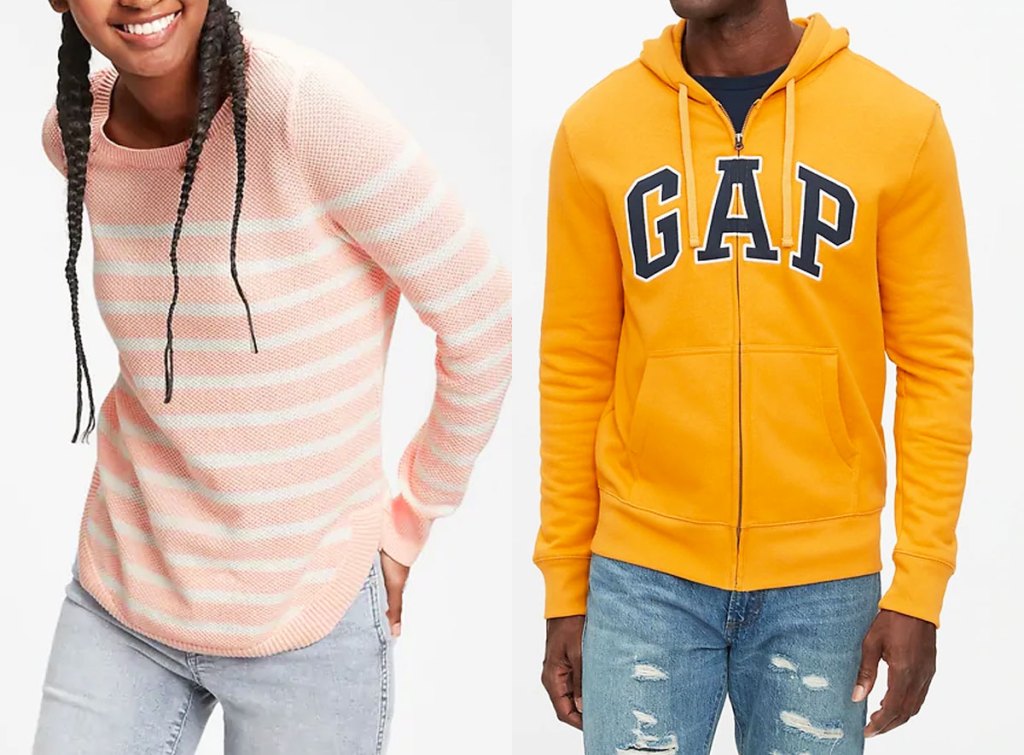 woman modeling white and pink striped sweater and man in a yellow gap zip-up hoodie