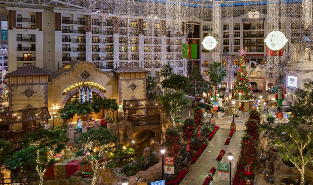 Gaylord Texan hotel decorated for christmas with white lights and decorations everywhere