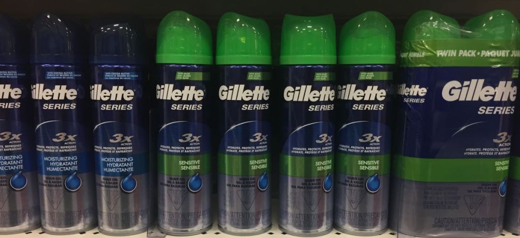 row of Gillette shave gels on shelf