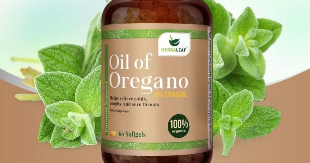 Herbaleaf Oil of Oregano bottle with leaves behind it