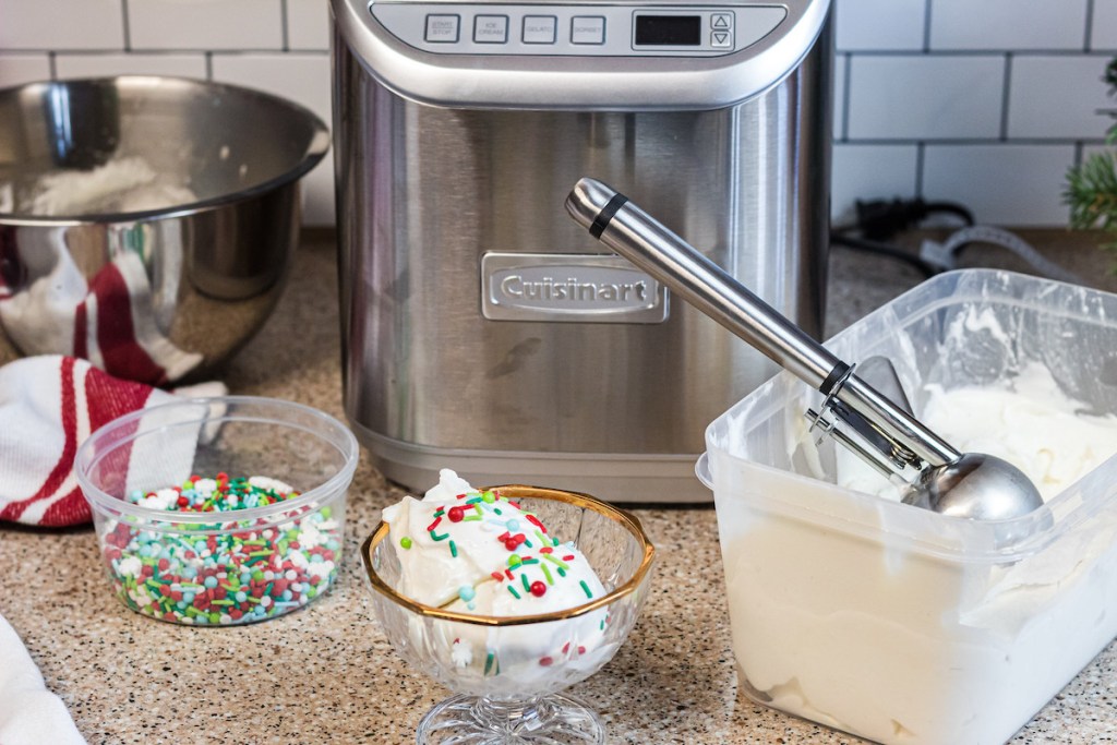 cuisinart ice cream maker with vanilla ice cream and christmas sprinkles