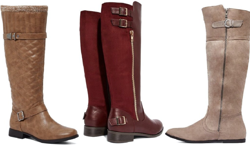 light brown boots, red boots, and taupe boots
