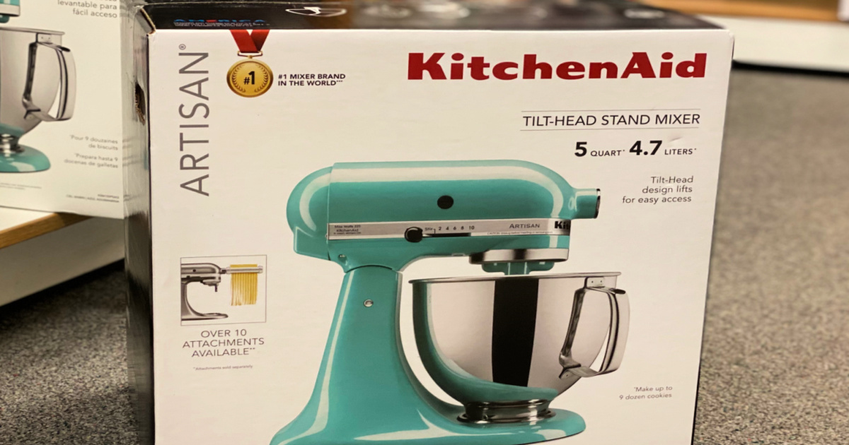 teal stand mixer in aisle