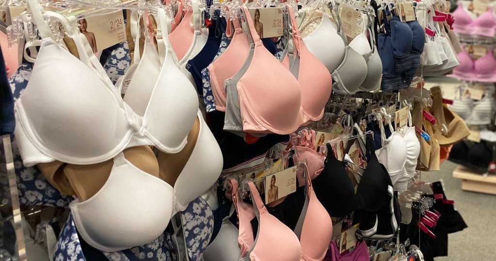 white, pink, and grey juniors SO bras on display at Kohl's