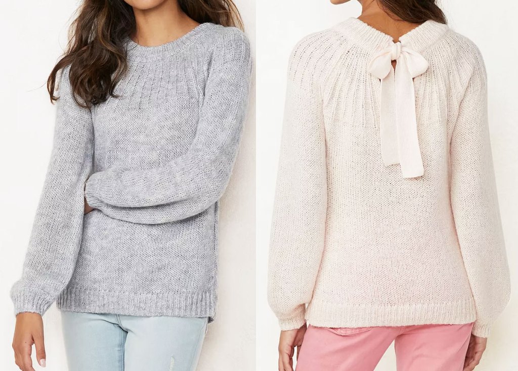 front and back views of a women's sweater with puffy sleeve and bow at the back