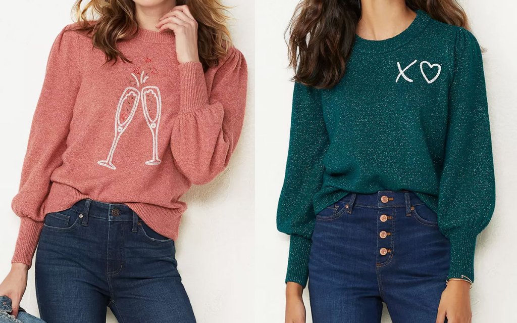 two women modeling sweaters in pink with champagne glasses and green that says XO