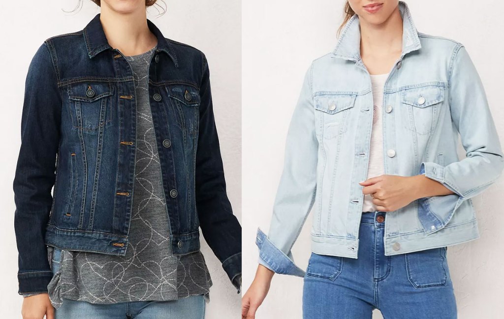 two women modeling jean jackets in dark and light washes