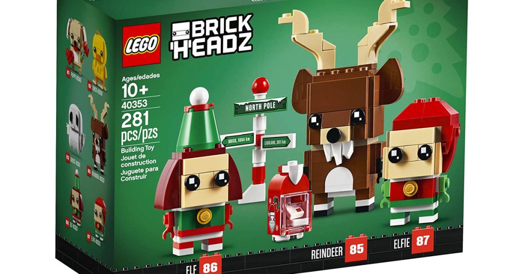 green box for the lego brickheadz set with boy and girl elf and reindeer figures