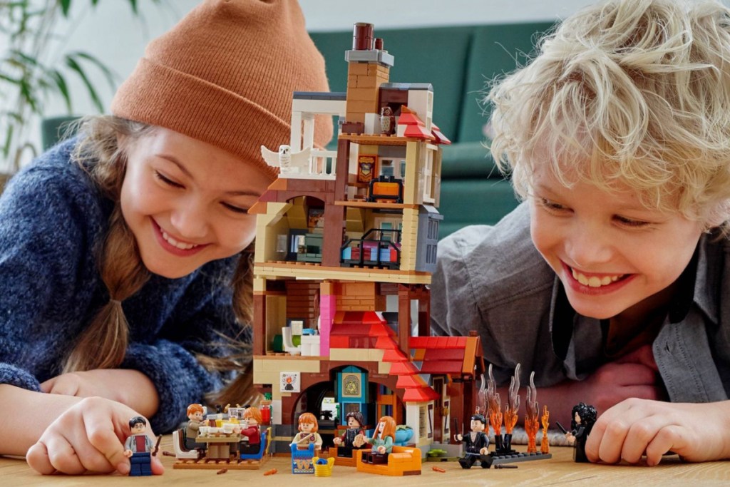 kids playing with LEGO harry potter weasley burrow