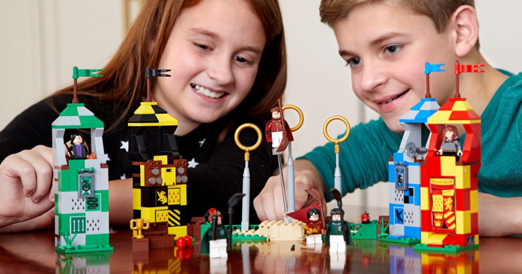 kids playing with LEGO quidditch harry potter