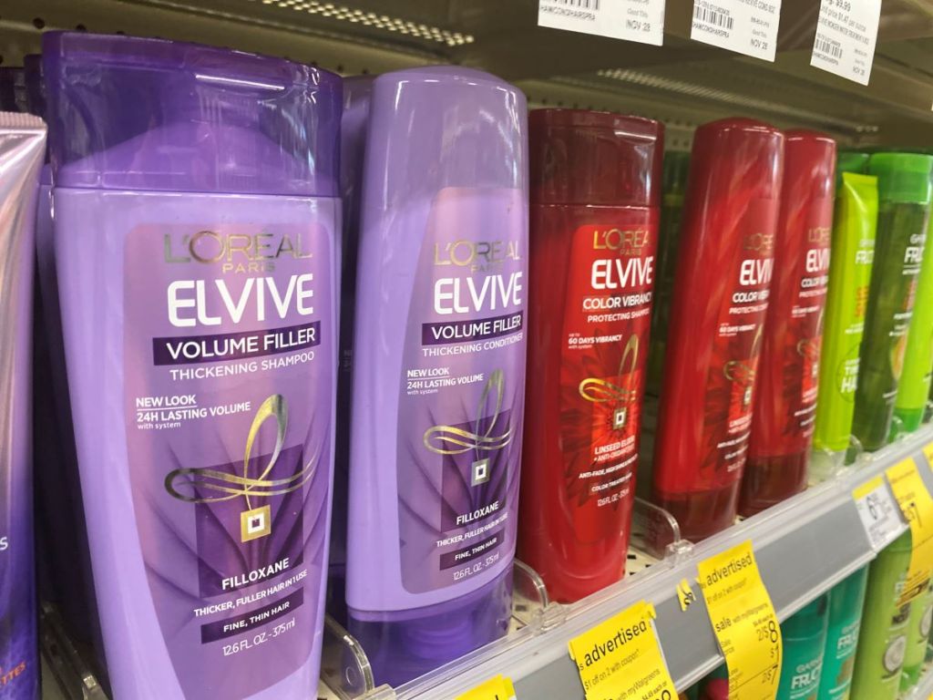 row of L'Oreal products on shelf at Walgreens