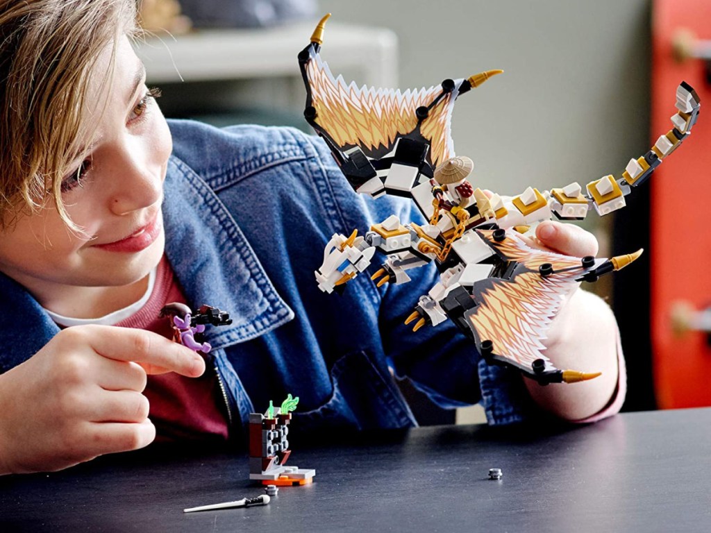 boy playing with LEGO dragon