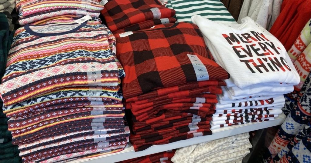 row of thermal shirts on a table at Old Navy