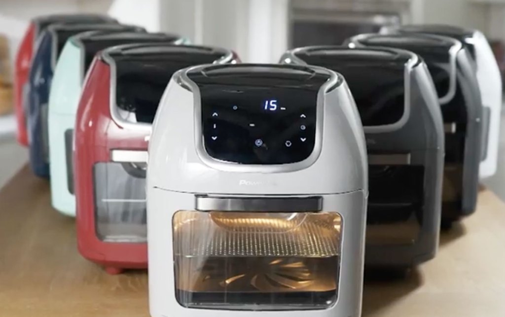 power vortex air fryers on counter top in various different colors