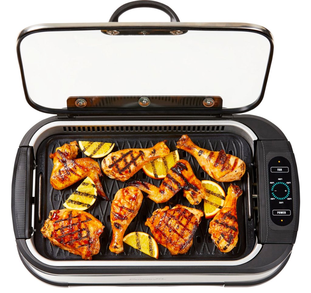 rectangular indoor grill with grilled chicken and lemon slices on grilling surface with hinged glass lid