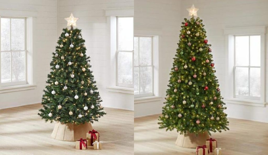 two lit Christmas trees with presents in home