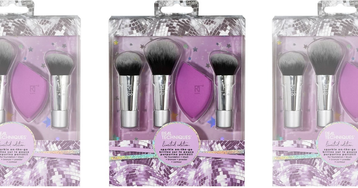 three gift boxes of the Real Techniques brush and blender gift set. 