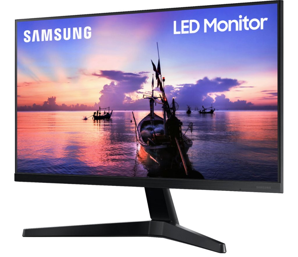 samsung computer monitor on black stand with boats at sunset on screen