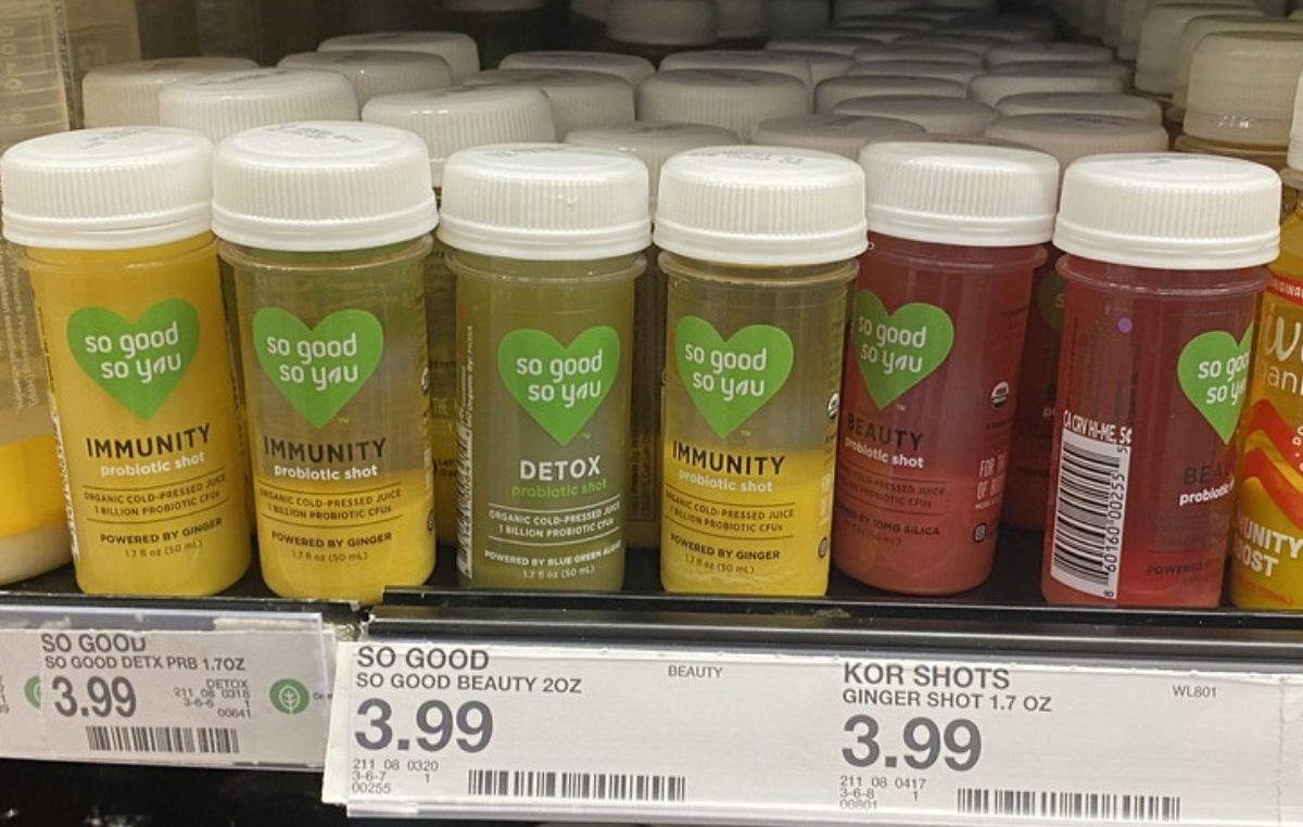 Store shelf filled with So Good Probiotic Shots