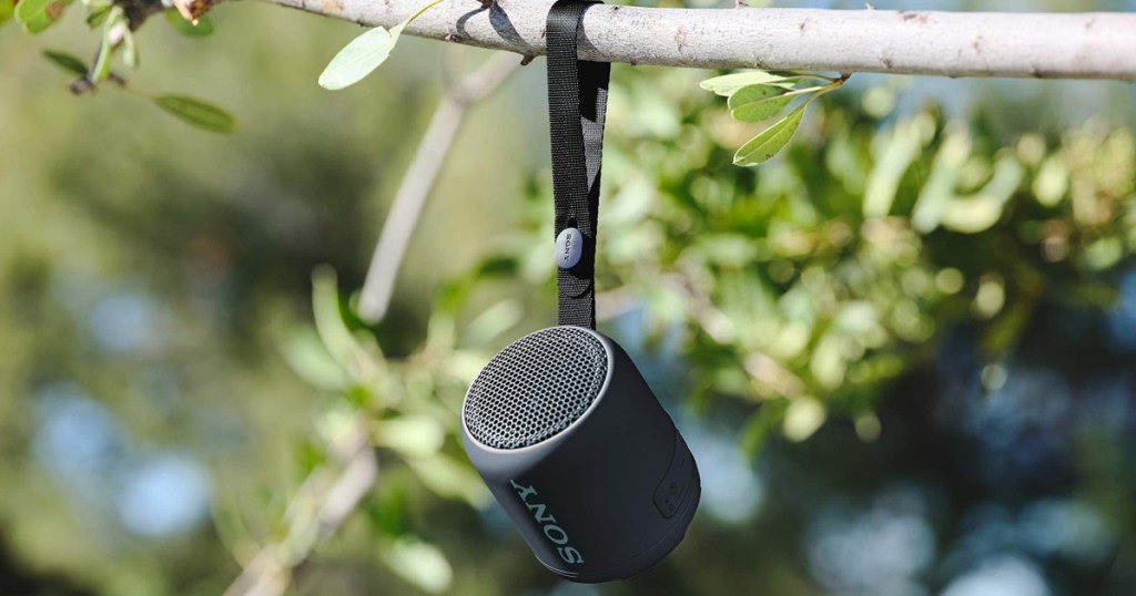 sony mini speaker hanging from a tree branch