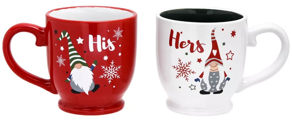 set of gnome printed coffee mugs with a red mug that says "his" and a white mug that says "Hers"