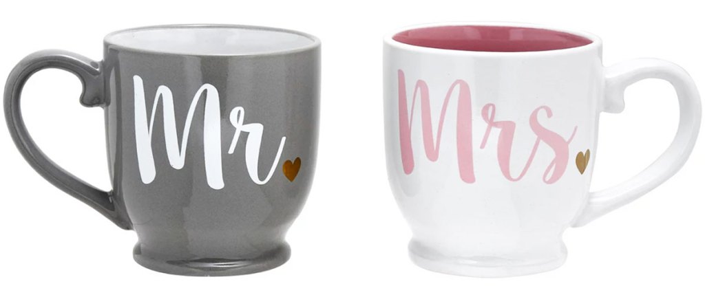 matching coffee mug set with a grey mug that says "Mr" and white mug that says "Mrs"