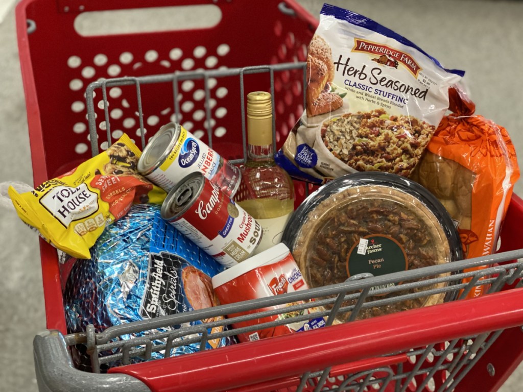 various food items in red store cart