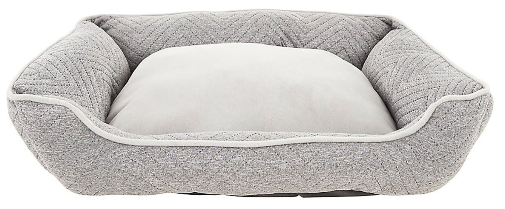 grey plush pet bed with chevron design on sides