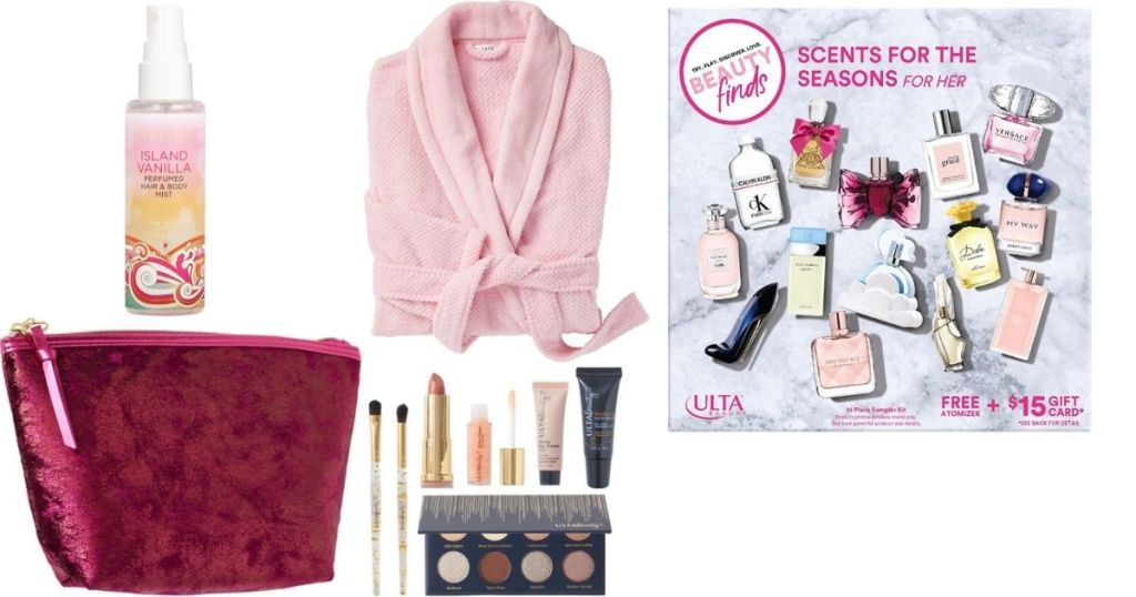 group of ULTA products and a robe