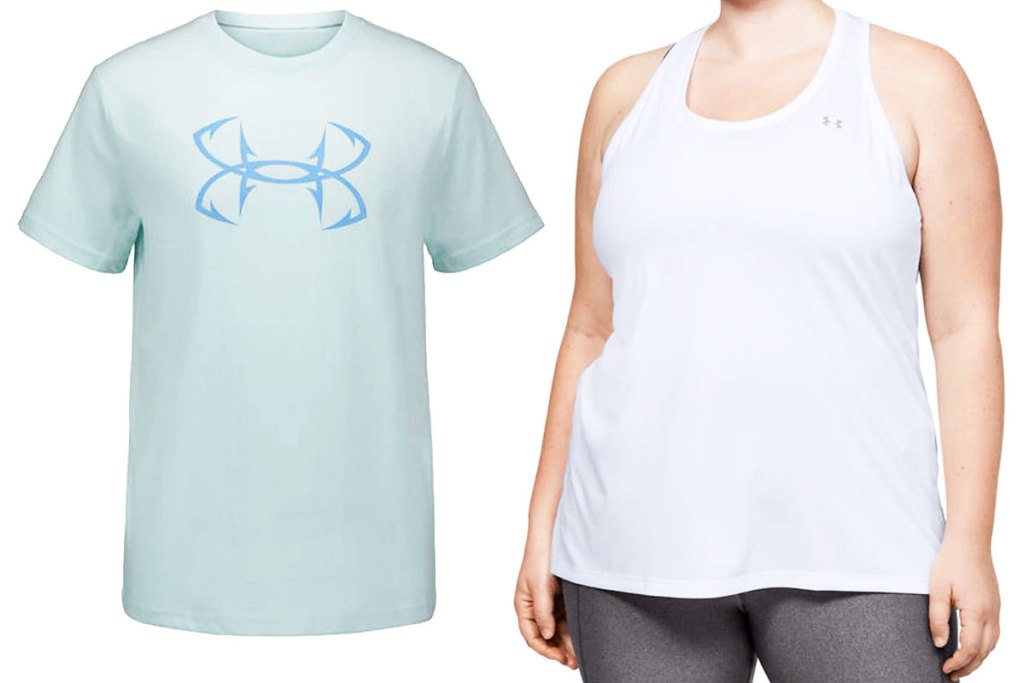 light blue under armour logo tee and woman in white under armour tank top with grey leggings