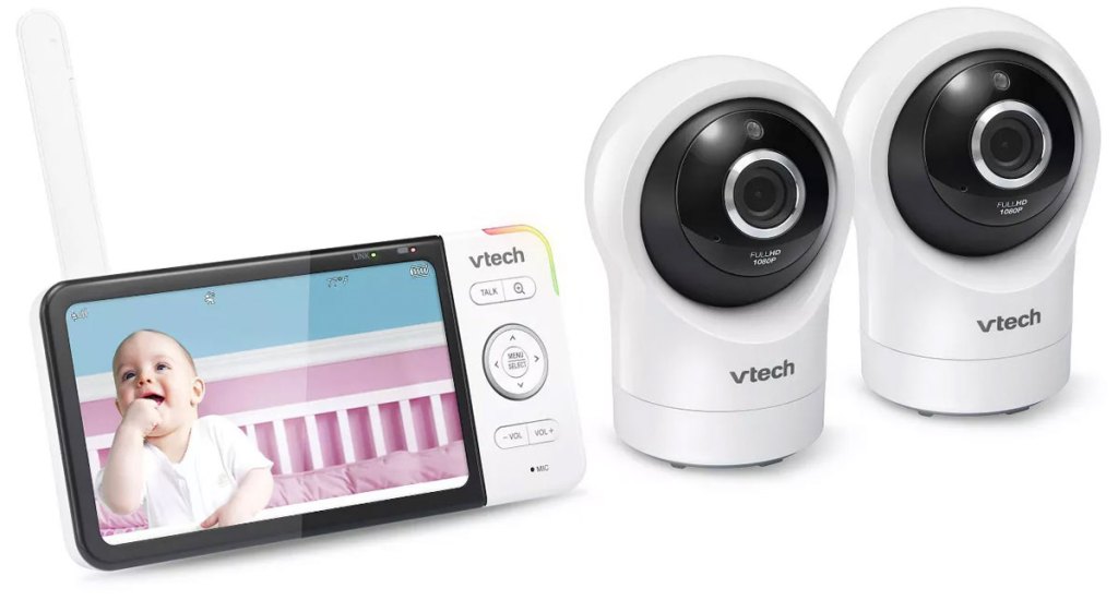 vtech full color baby monitor with two round white and black cameras