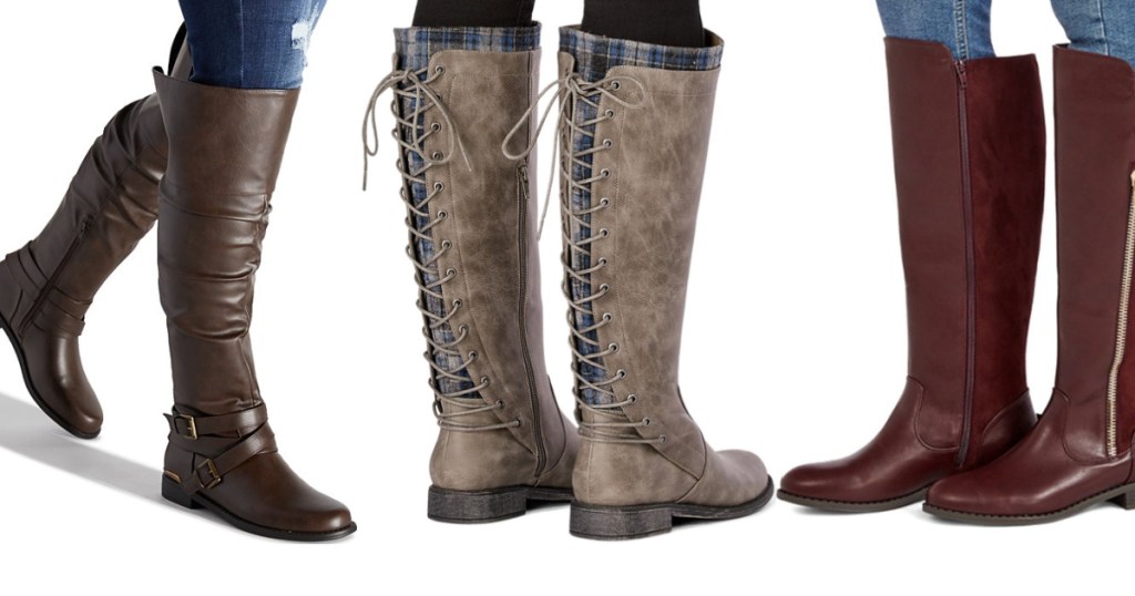 woman in brown boots, woman in taupe boots, woman in dark red boots