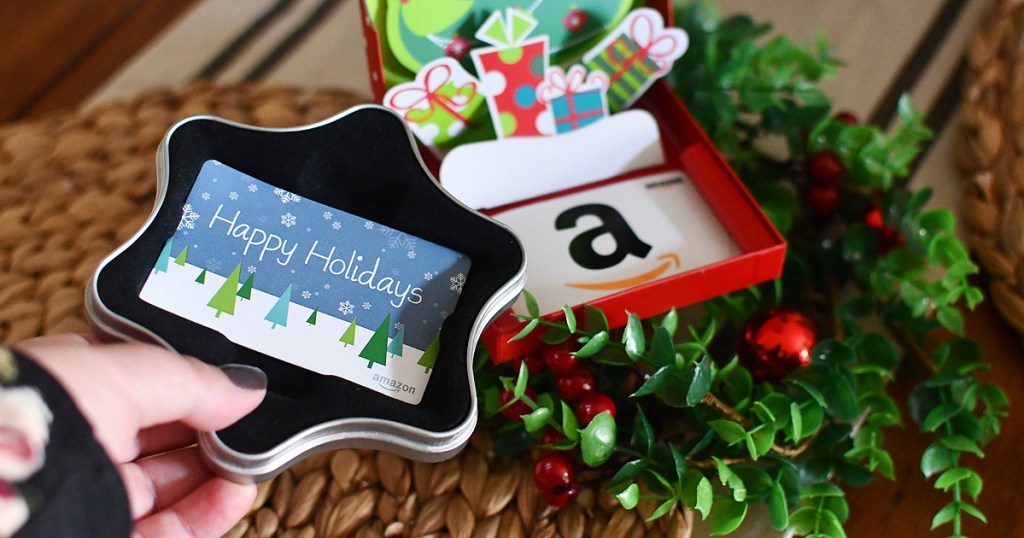 amazon holiday gift cards on table