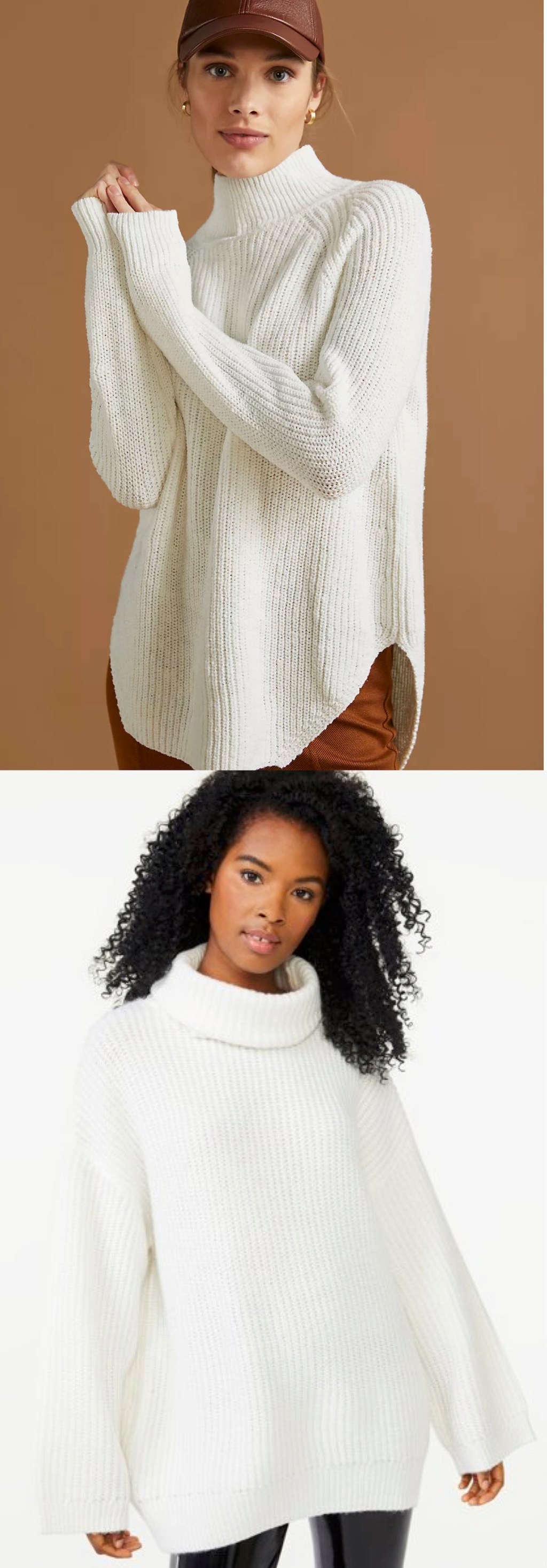 two woman modeling white cable knit turtleneck sweaters