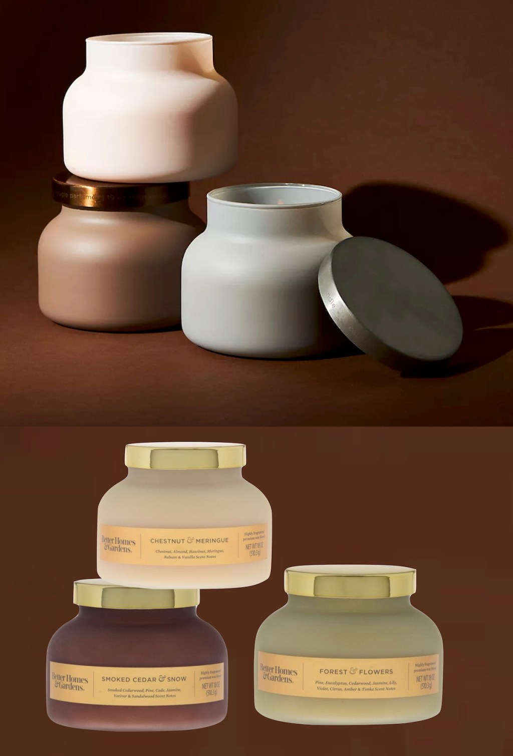 matte jar candles brown cream and gray with brown background - anthropologie knockoffs