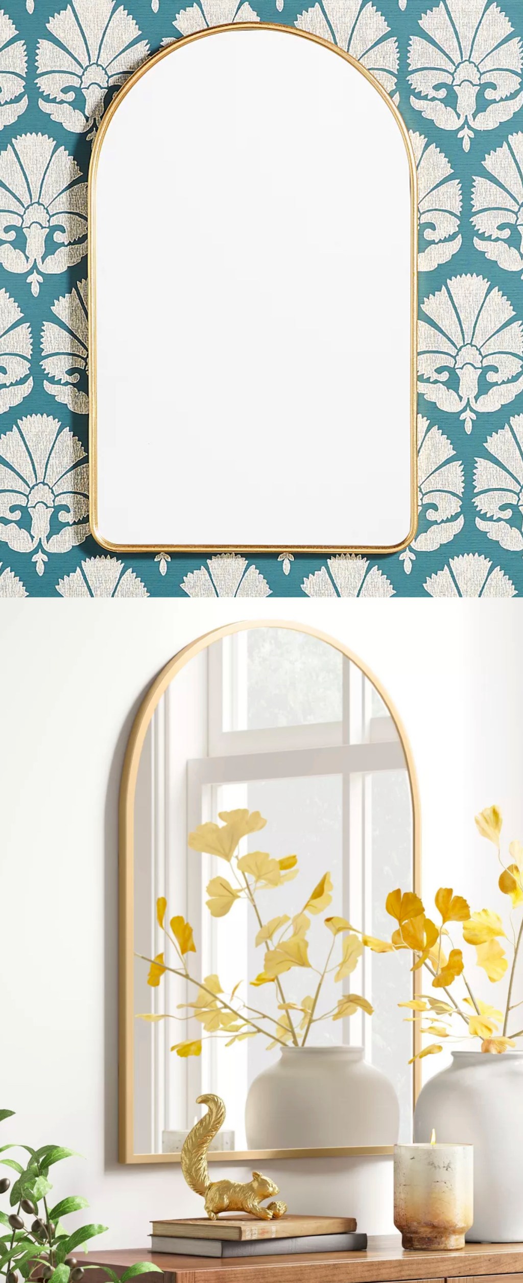 two gold arched mirrors on decorated walls 