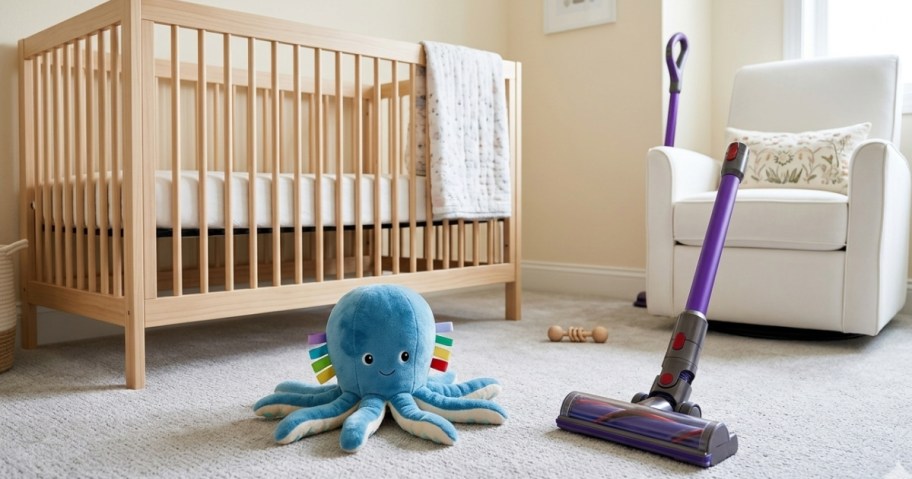baby room with crib, stuffed animal, rocking chair, and vacuum