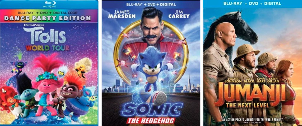 Trolls World Tour, Sonic the Hedgehog and Jumanji movie covers