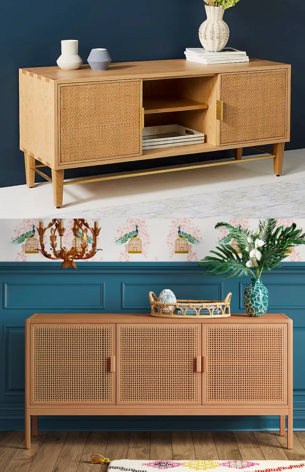 two caned console side tables 