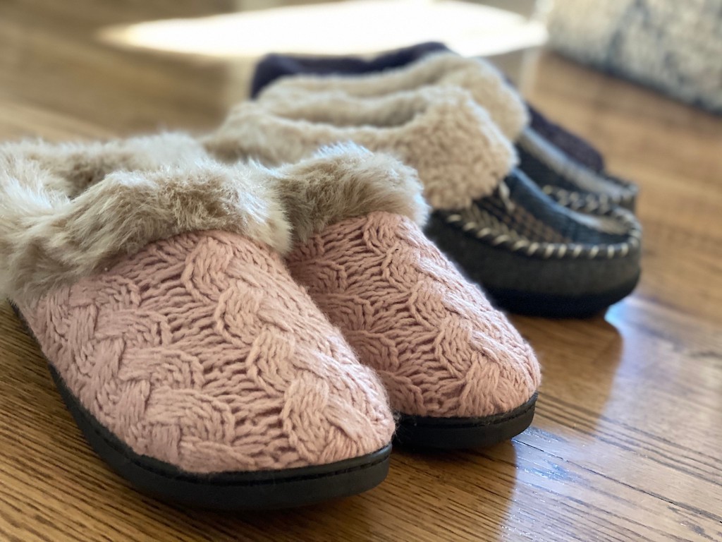 Dearfoams slippers on hardwood floors 