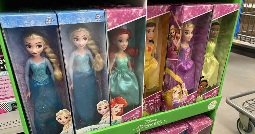 disney princess dolls in a store on display
