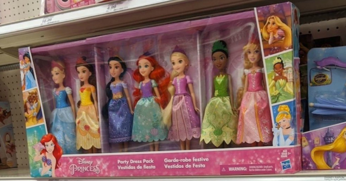 pack of disney princess dolls on a store shelf