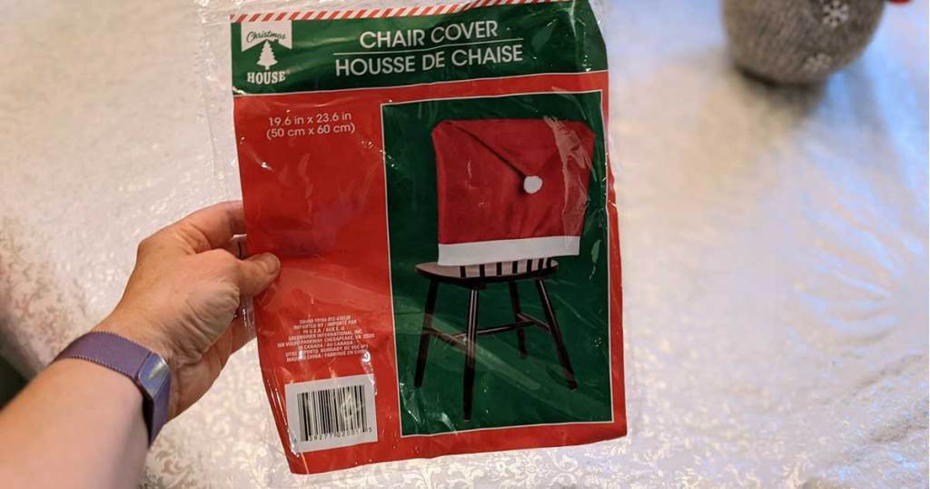 hand holding up package of chair cover