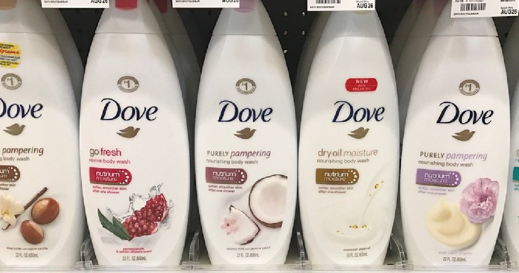 Dove body wash on store shelf