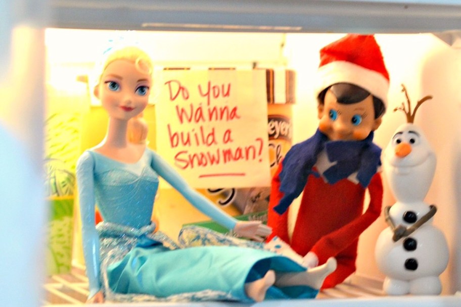 elf on the shelf doll in freezer with elsa and olaf frozen