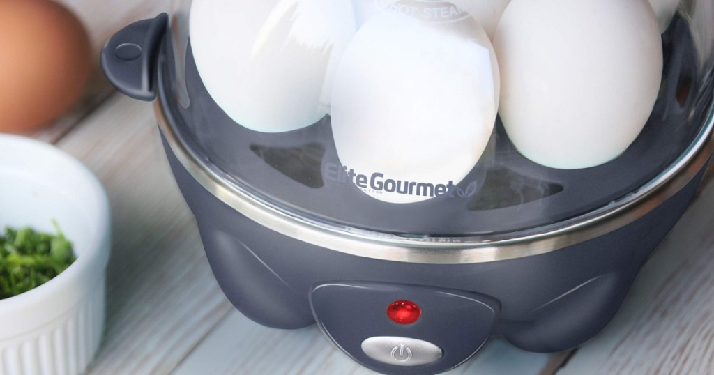 elite gourmet egg cooker in grey blue