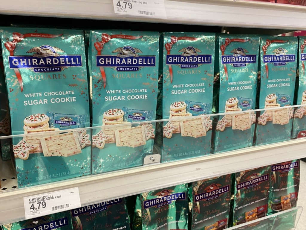 bags of Ghirardelli chocolates on shelf at Target