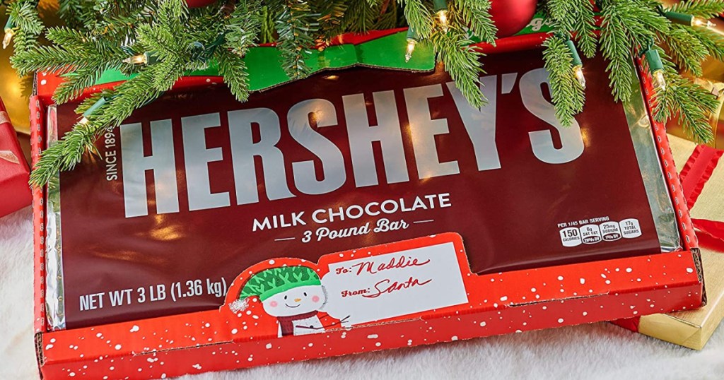 giant candy bar under Christmas tree